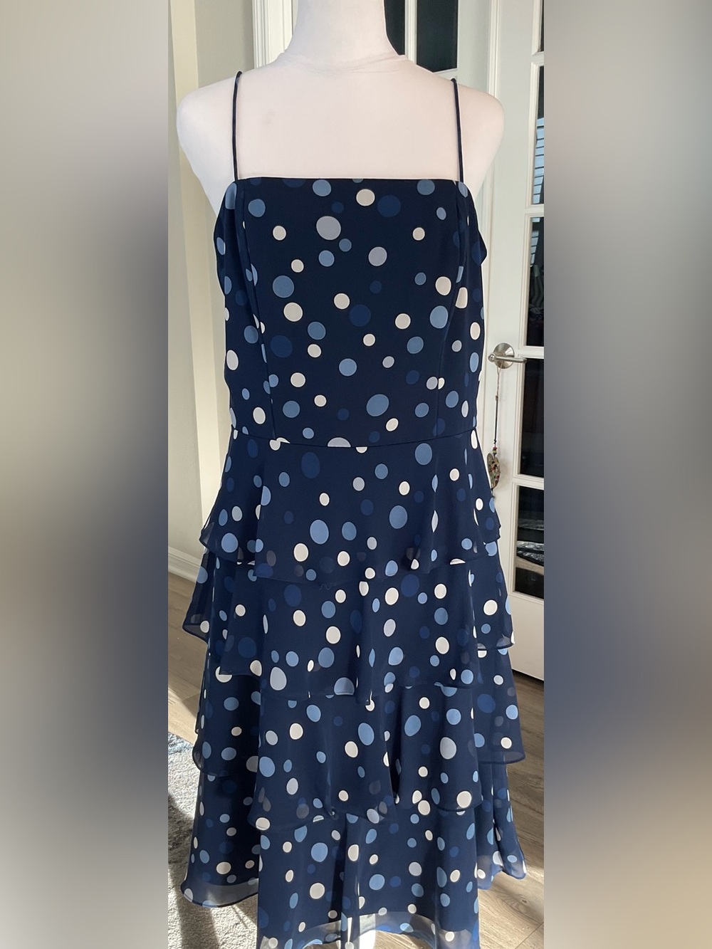 Dressbarn Navy Blue Polka Dot Tiered Chiffon Midi Dress Ruffle Size 12 GUC - Picture 3 of 13